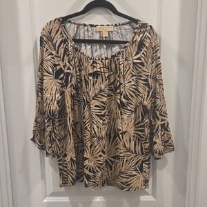 Michael Kors Black and Tan Tropical Leaf-Print Peasant Top XL